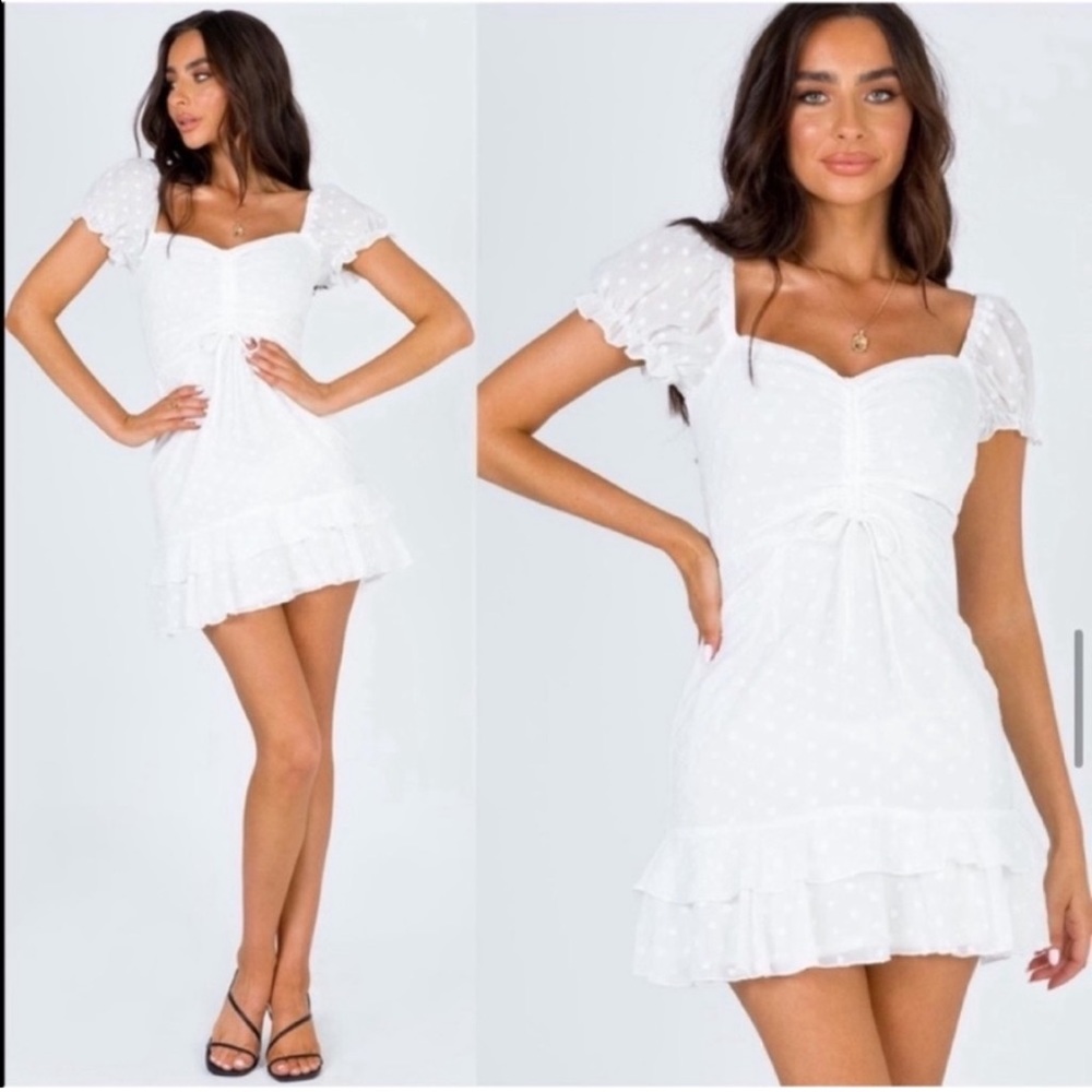 Princess Polly Mikail White Swiss Dot Puff Sleeve Sweetheart Neckline Mini Dress